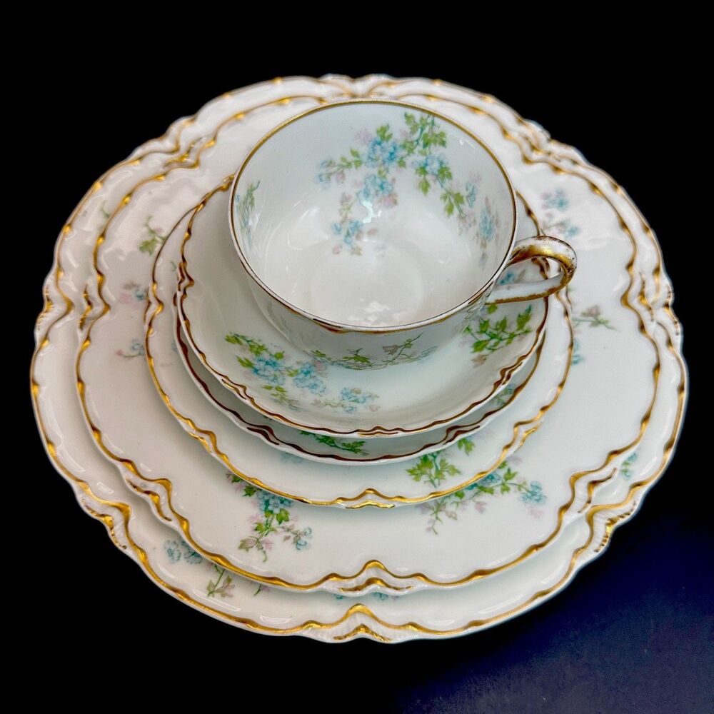 Antique Haviland Limoges 6 Piece Place Setting for One Forget Me Not Gold China